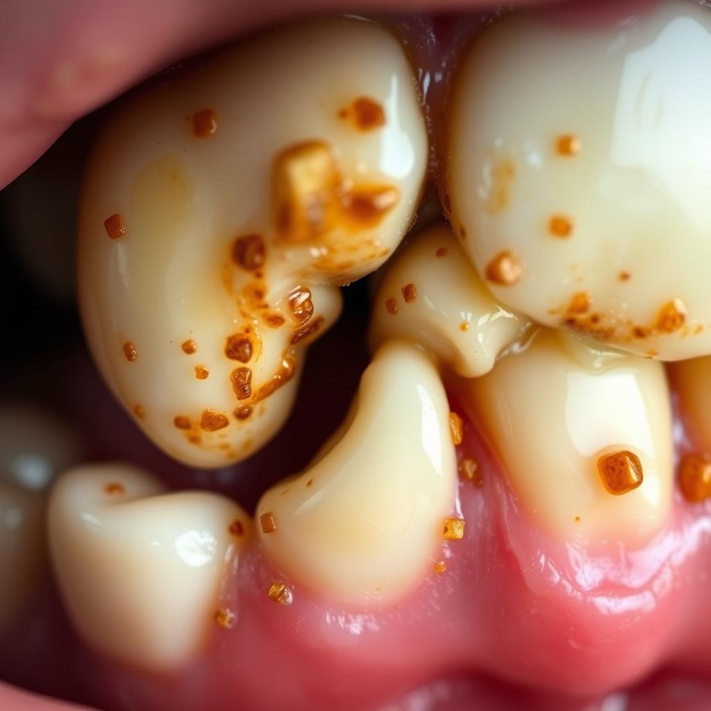 A close-up of a set of teeth that have visible plaque and food residue, showcasing an unkempt appearance