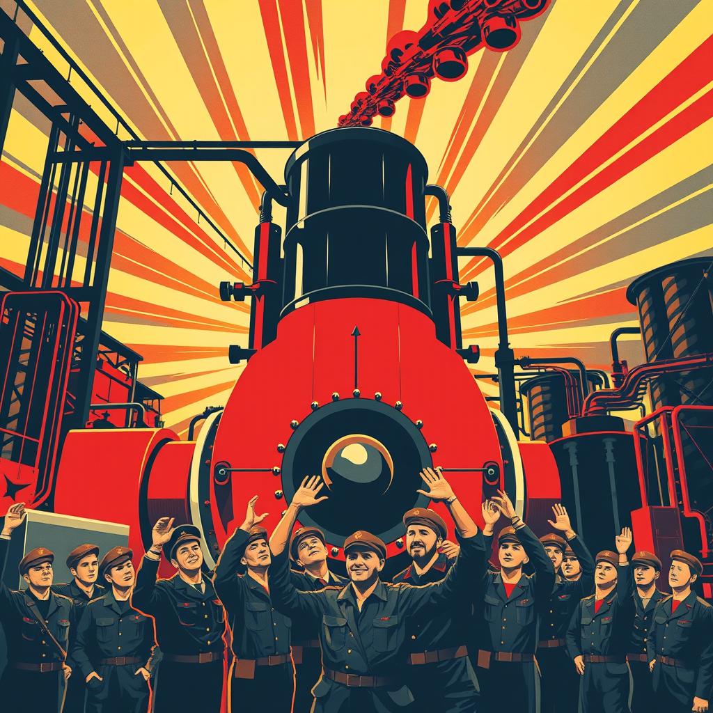 A highly stylized image showcasing a powerful industrial machine powered by compressed air, depicted in a striking Soviet propaganda poster style