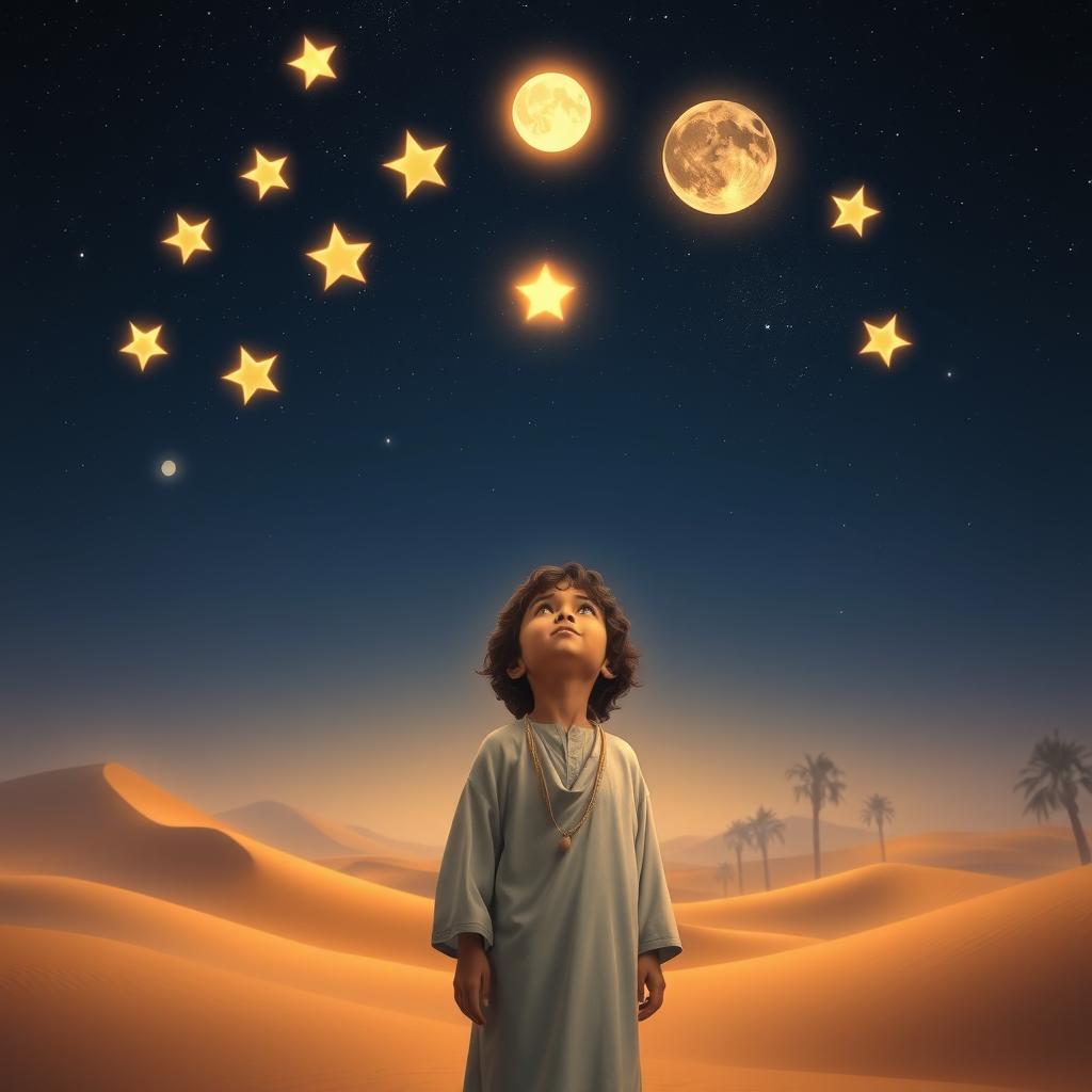 A mesmerizing scene featuring a beautiful young boy named Yusuf, around 10 years old, with curly dark hair