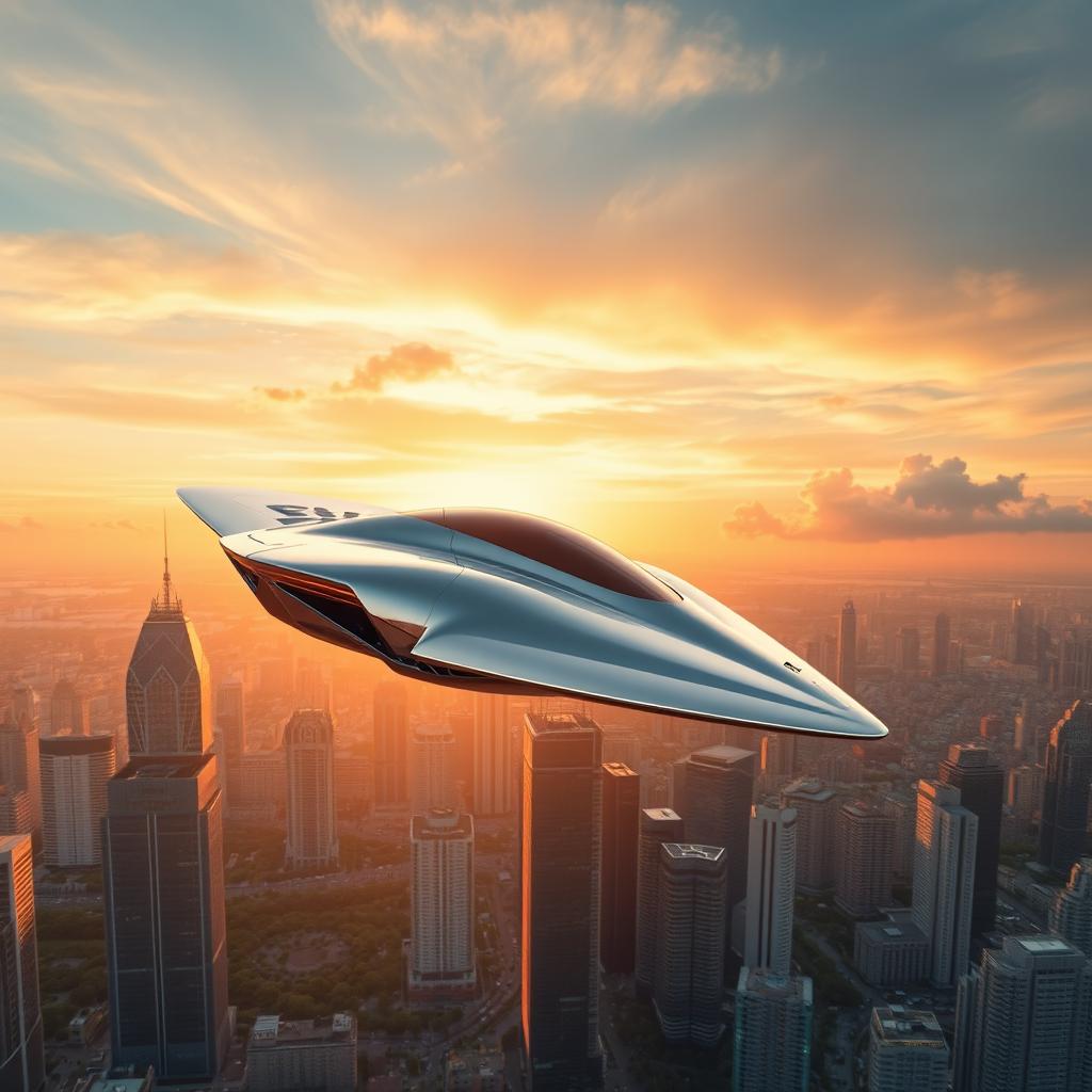 A futuristic flying car soaring high above a vibrant city skyline at sunset