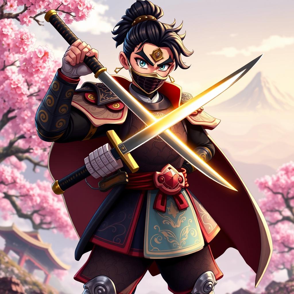 An animated samurai prince standing heroically in a dynamic pose