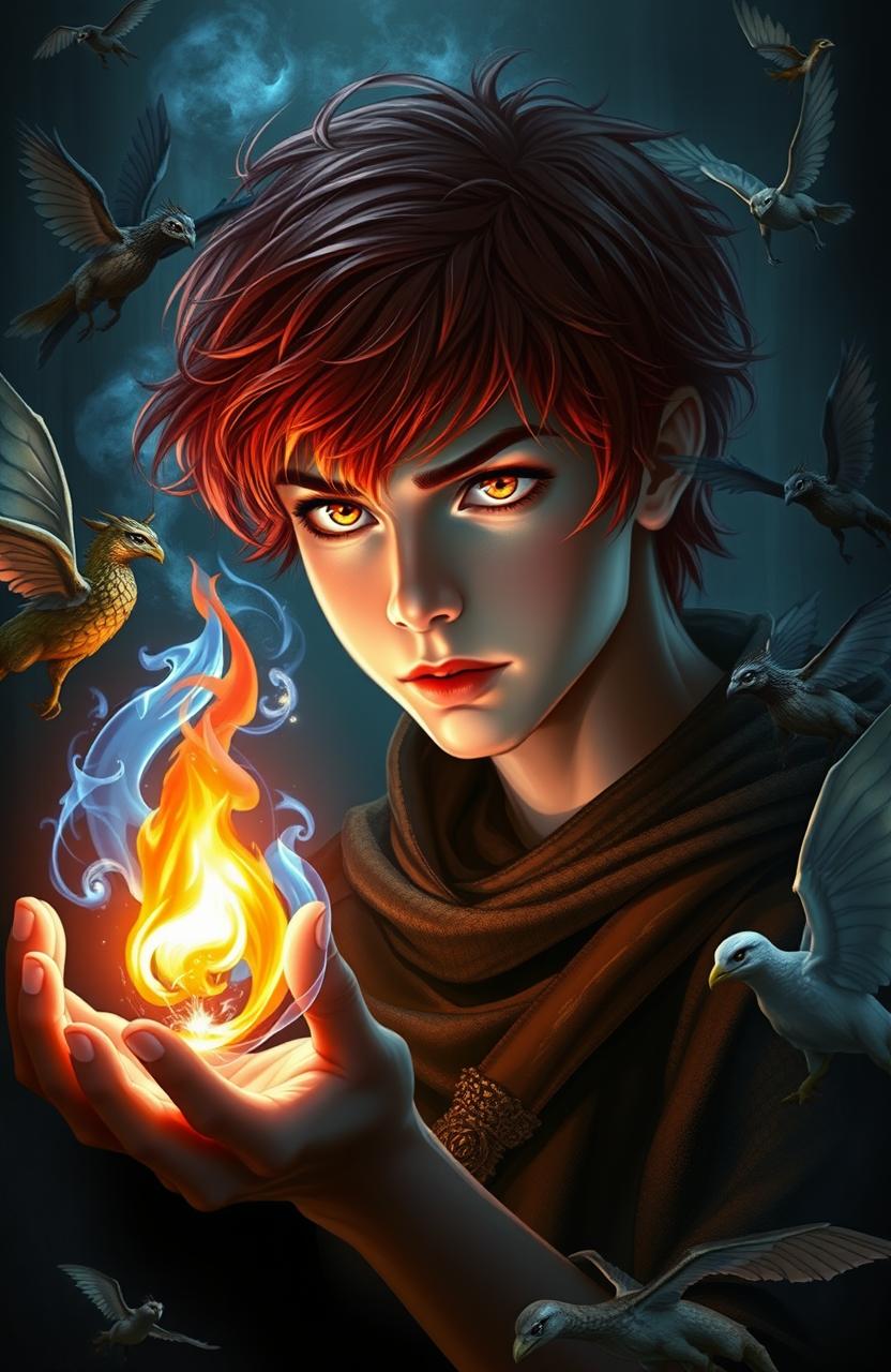 A young red-haired man in darkness, surrounded by various magical creatures flying around him