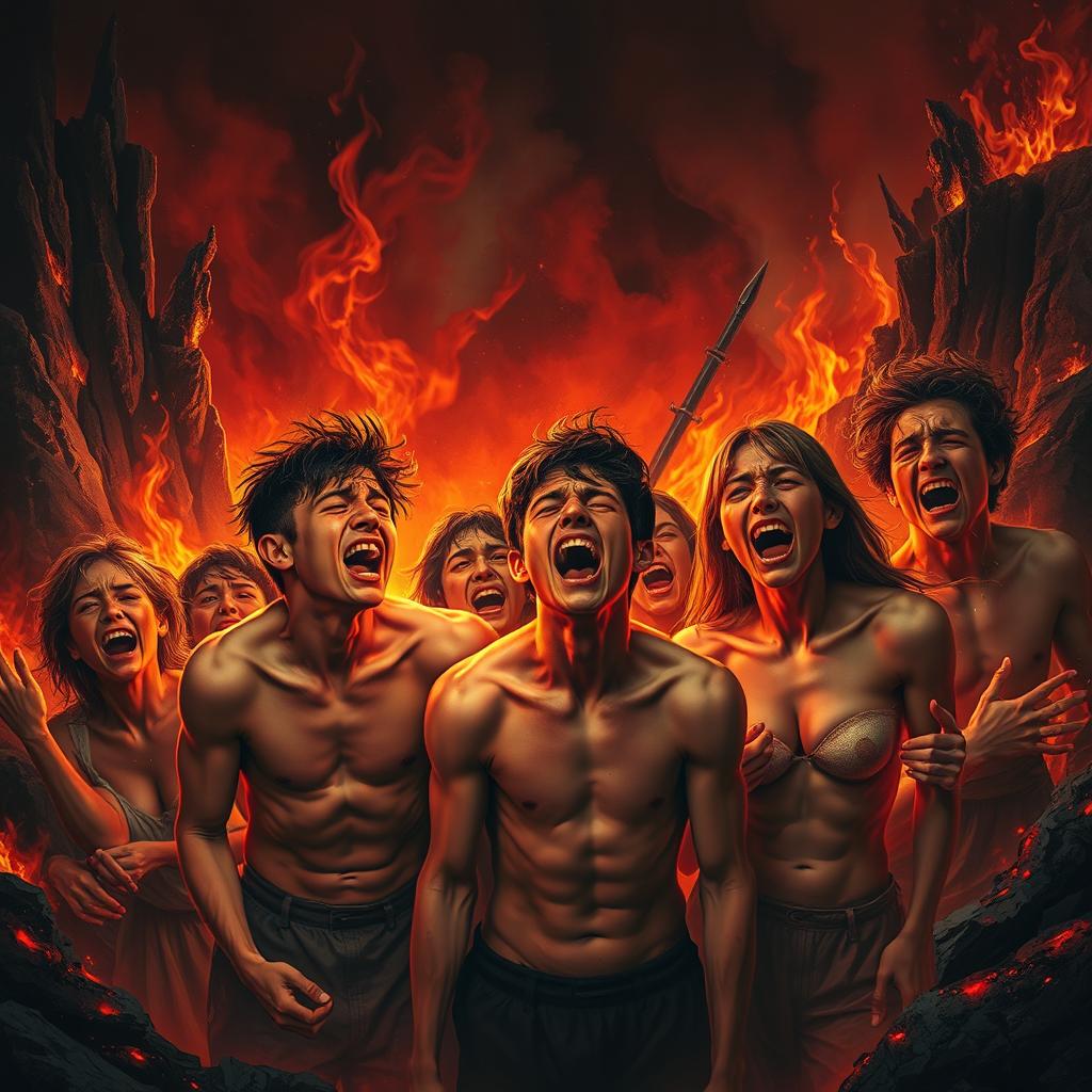 A striking and emotional scene set in a vivid hellscape where young men and women are crying and screaming in torment