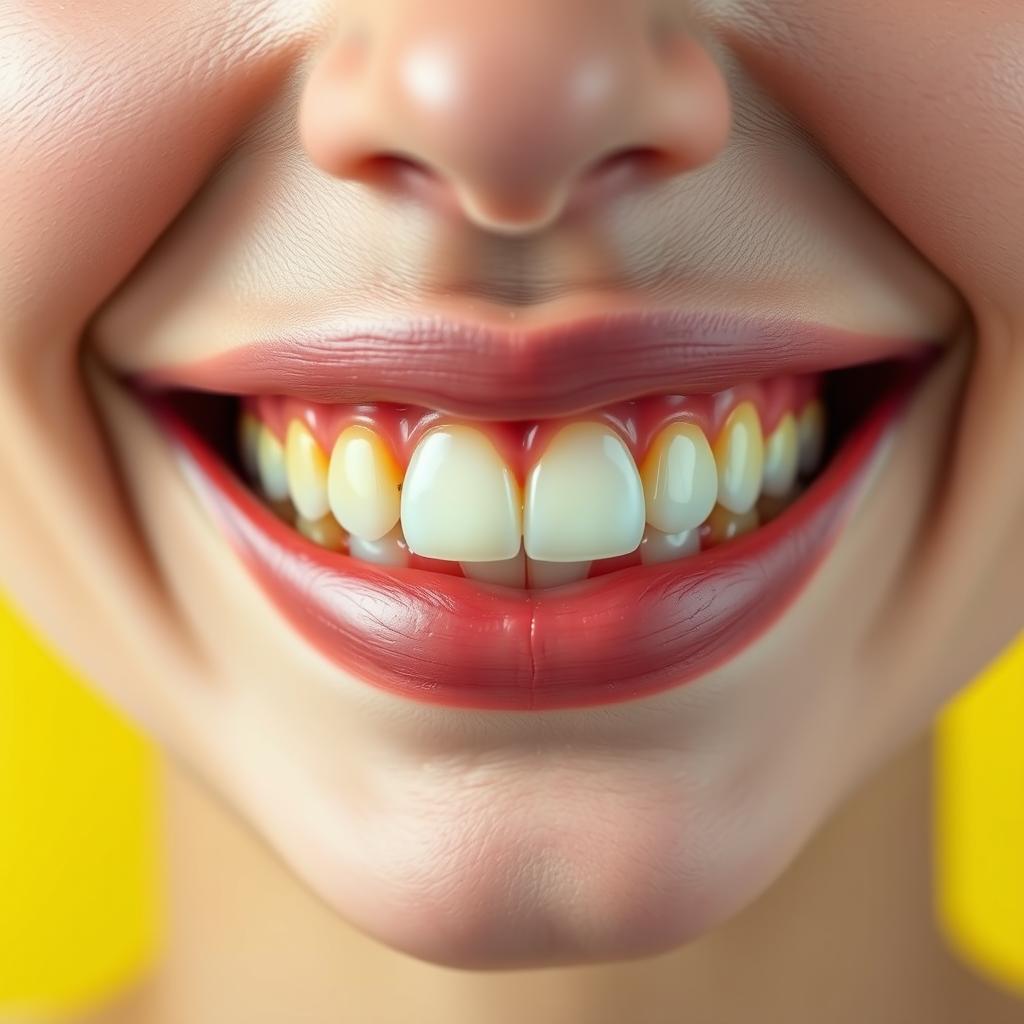 A close-up of a person's smile showcasing yellowing of the teeth, emphasizing the contrast of the yellowish tint against a bright, well-lit background