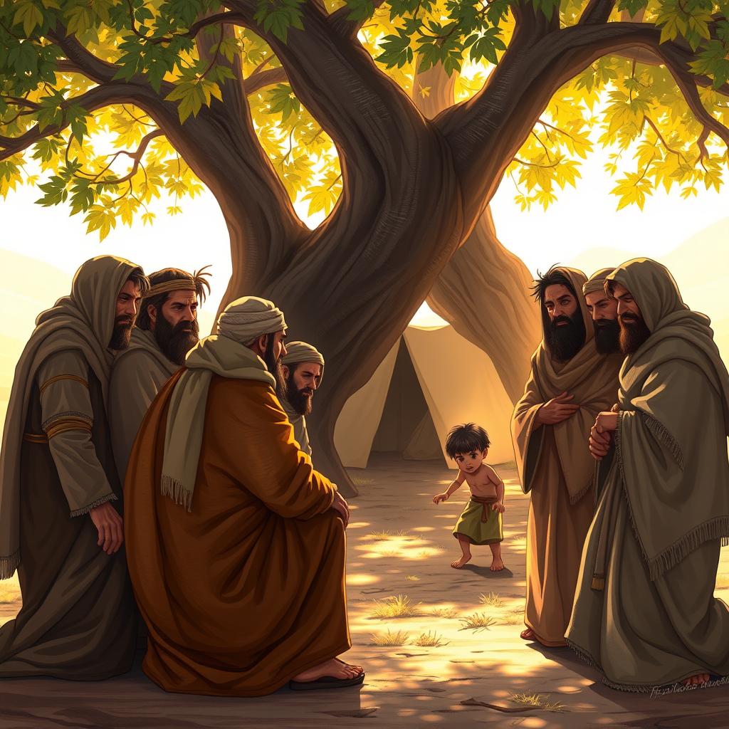 A dramatic scene depicting ten brothers dressed in traditional Canaanite robes, gathered in a circle under the shade of a large tree
