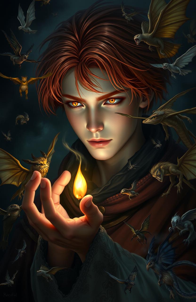 A young red-haired man in the darkness, surrounded by various fantastical creatures flying around him