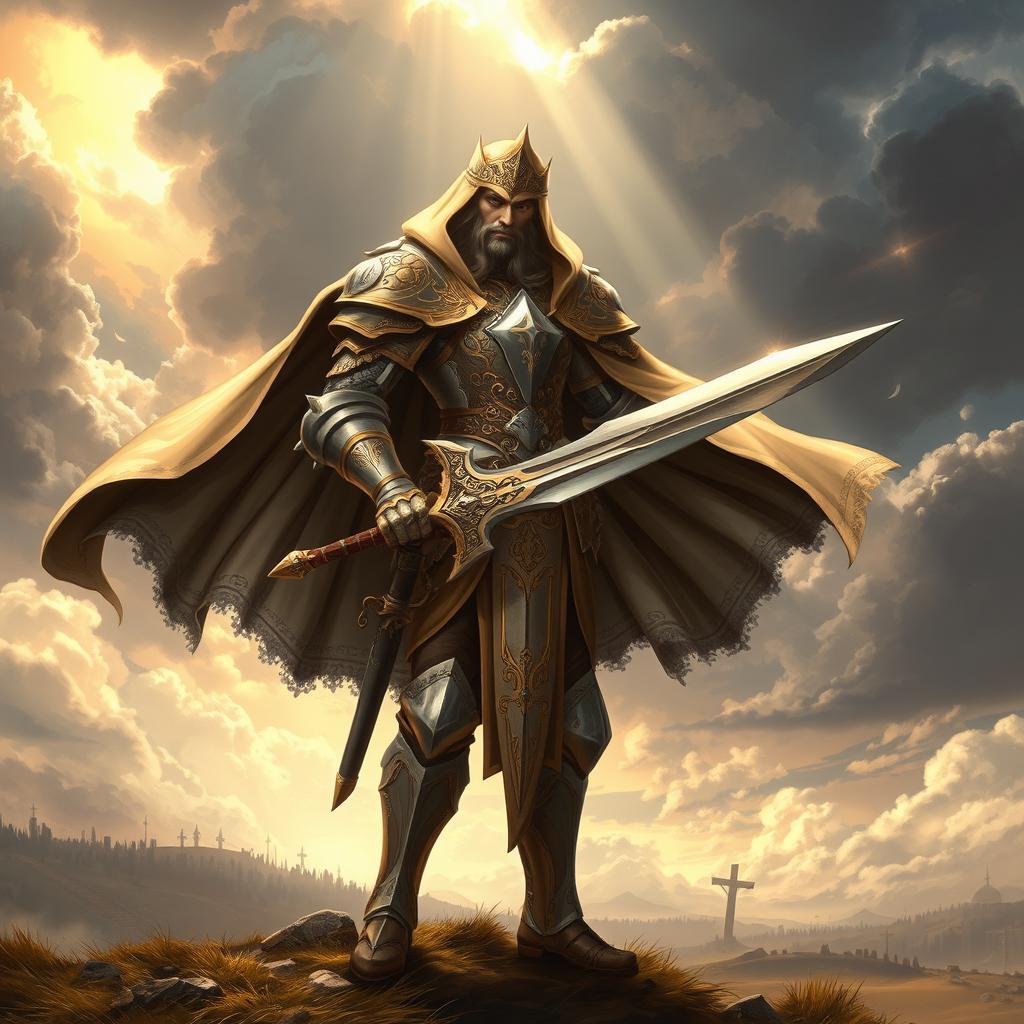 A detailed and imaginative illustration of a character inspired by a templar theme, wearing ornate armor with gold and silver accents, complete with a large, flowing cape that billows dramatically