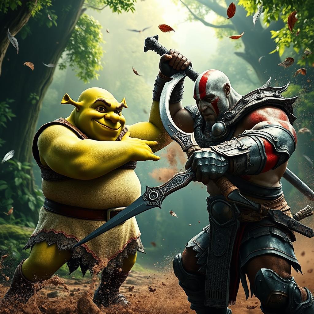 A fierce, dynamic battle between Shrek, the beloved green ogre known for his charm and humor, and Kratos, the powerful God of War, characterized by his rugged strength and fierce determination