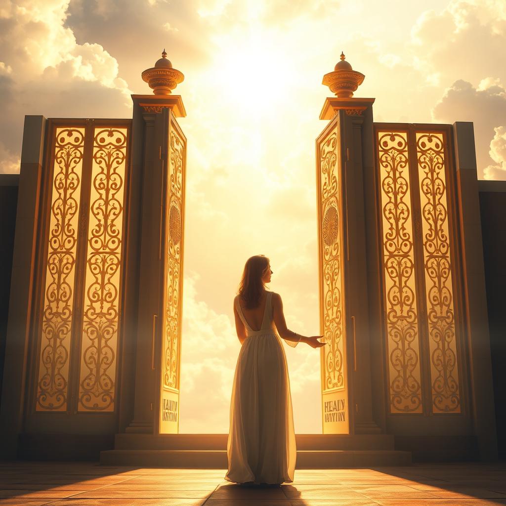 A serene scene depicting a woman standing at the gates of heaven, warmly illuminated by soft, ethereal light