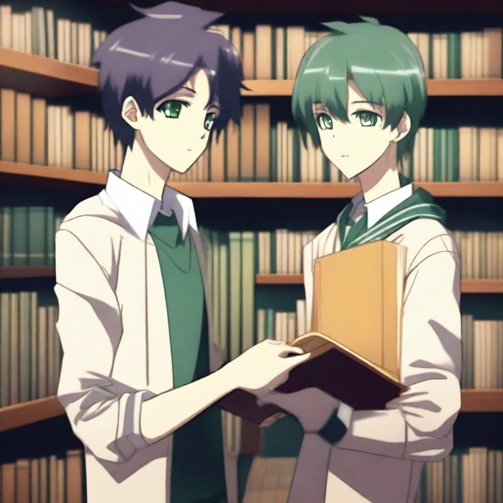 A high-quality 3D digital art image showcases a romantic encounter between two anime-style high school boys in a library