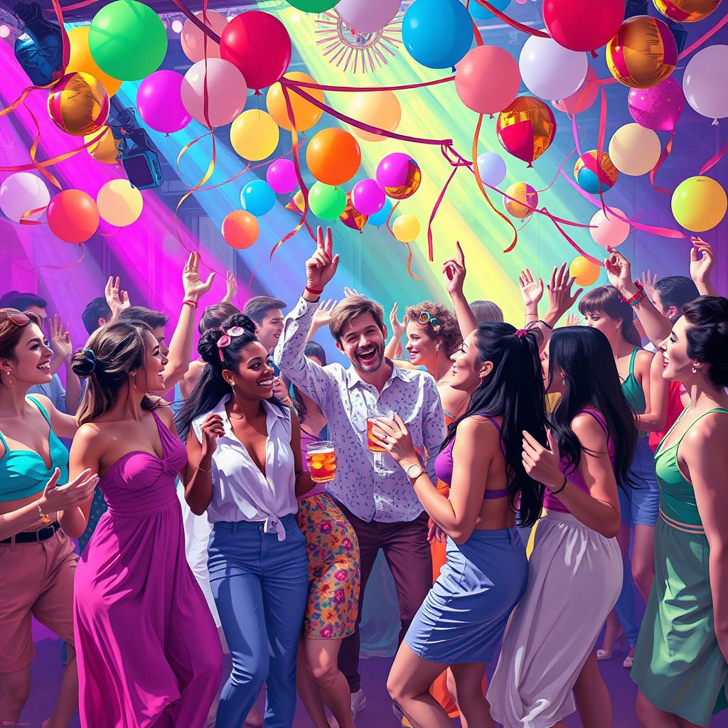 An abstract representation of a vibrant, dynamic party scene, showcasing a diverse group of people dancing energetically under colorful lights
