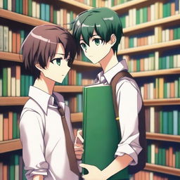 A high-quality 3D digital art image showcases a romantic encounter between two anime-style high school boys in a library