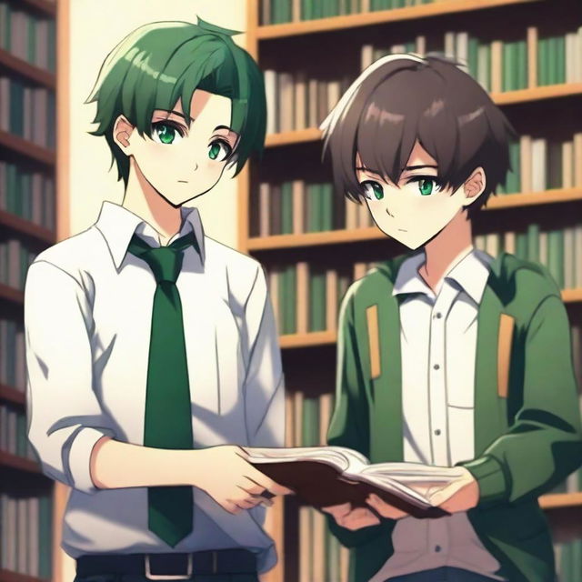 A high-quality 3D digital art image showcases a romantic encounter between two anime-style high school boys in a library