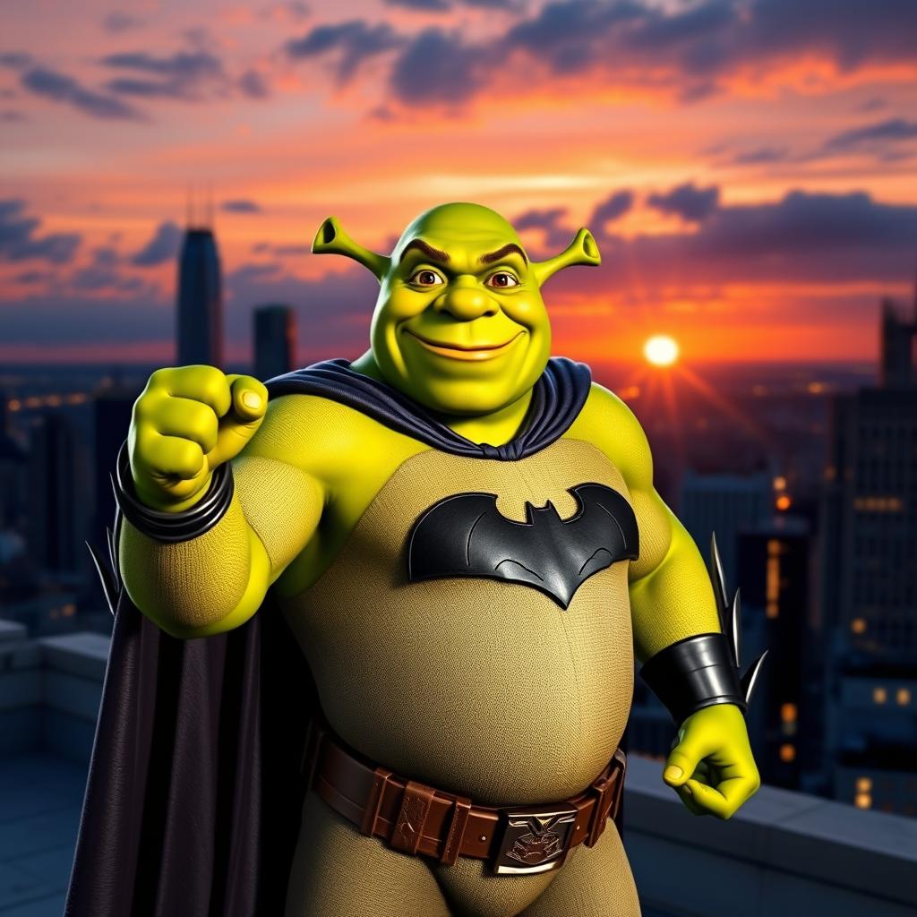 A big green ogre resembling Shrek, dressed in a superhero Batman costume