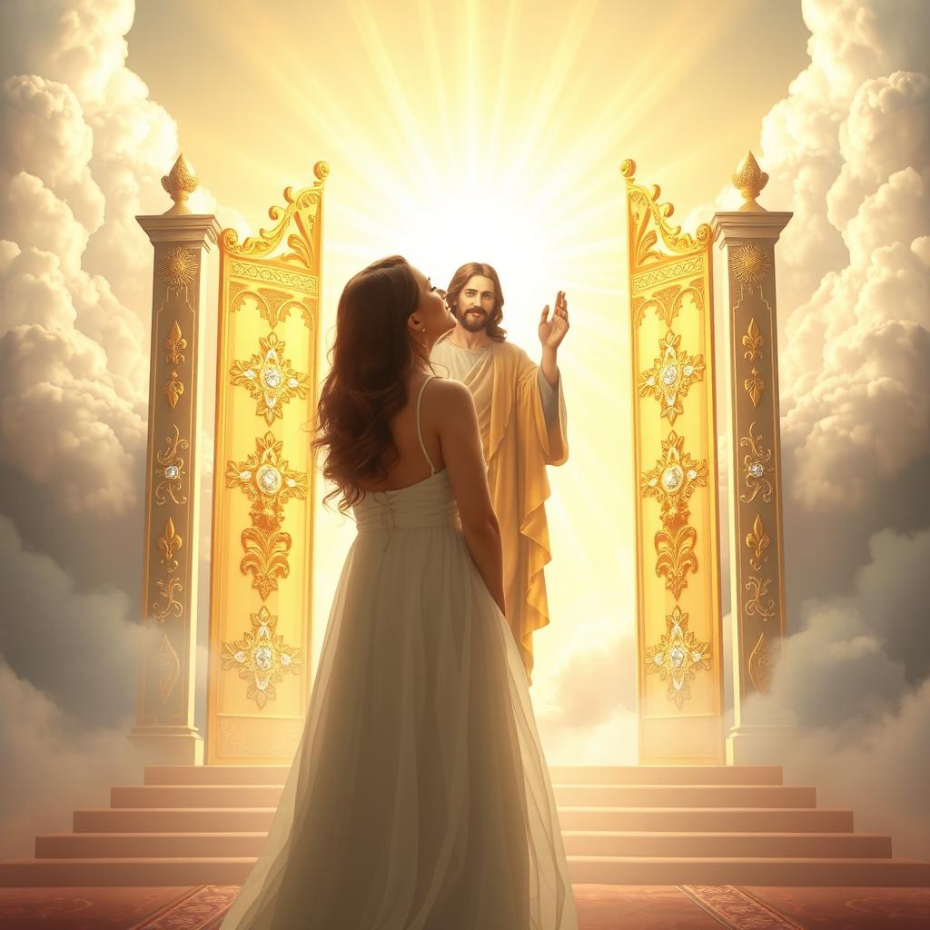 A serene and beautiful image depicting a woman standing at the gates of heaven, welcoming a divine presence, represented by Jesus