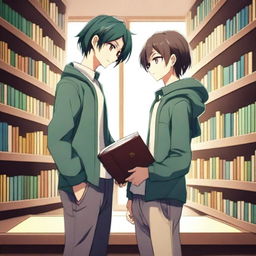 A high-quality 3D digital art image showcases a romantic encounter between two anime-style high school boys in a library