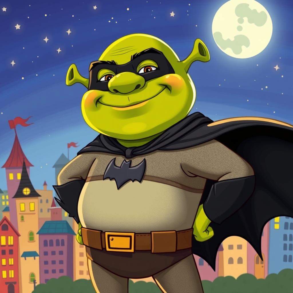 A whimsical and playful illustration of Shrek dressed as Batman, standing heroically in a vibrant, cartoonish cityscape at night
