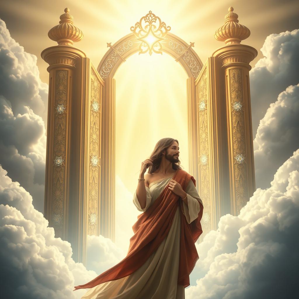 A serene and inspirational image of a woman standing at the gates of heaven alongside Jesus