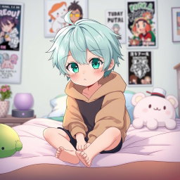 A charming anime style illustration of a young boy with mint pastel colored hair and bright green eyes