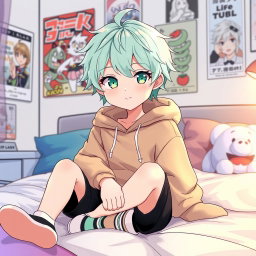 A charming anime style illustration of a young boy with mint pastel colored hair and bright green eyes