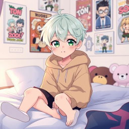 A charming anime style illustration of a young boy with mint pastel colored hair and bright green eyes