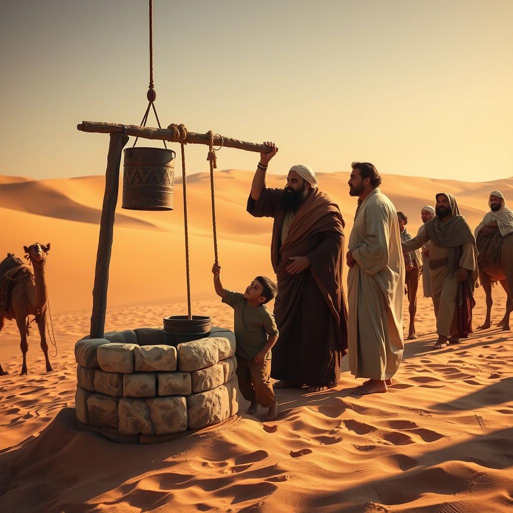 A dramatic scene featuring a merchant caravan in the desert, complete with camels and travelers dressed in flowing robes who have stopped near an ancient well