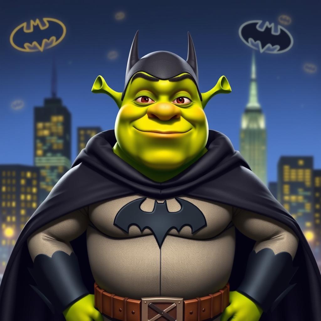 A whimsical and humorous scene featuring Shrek dressed as Batman