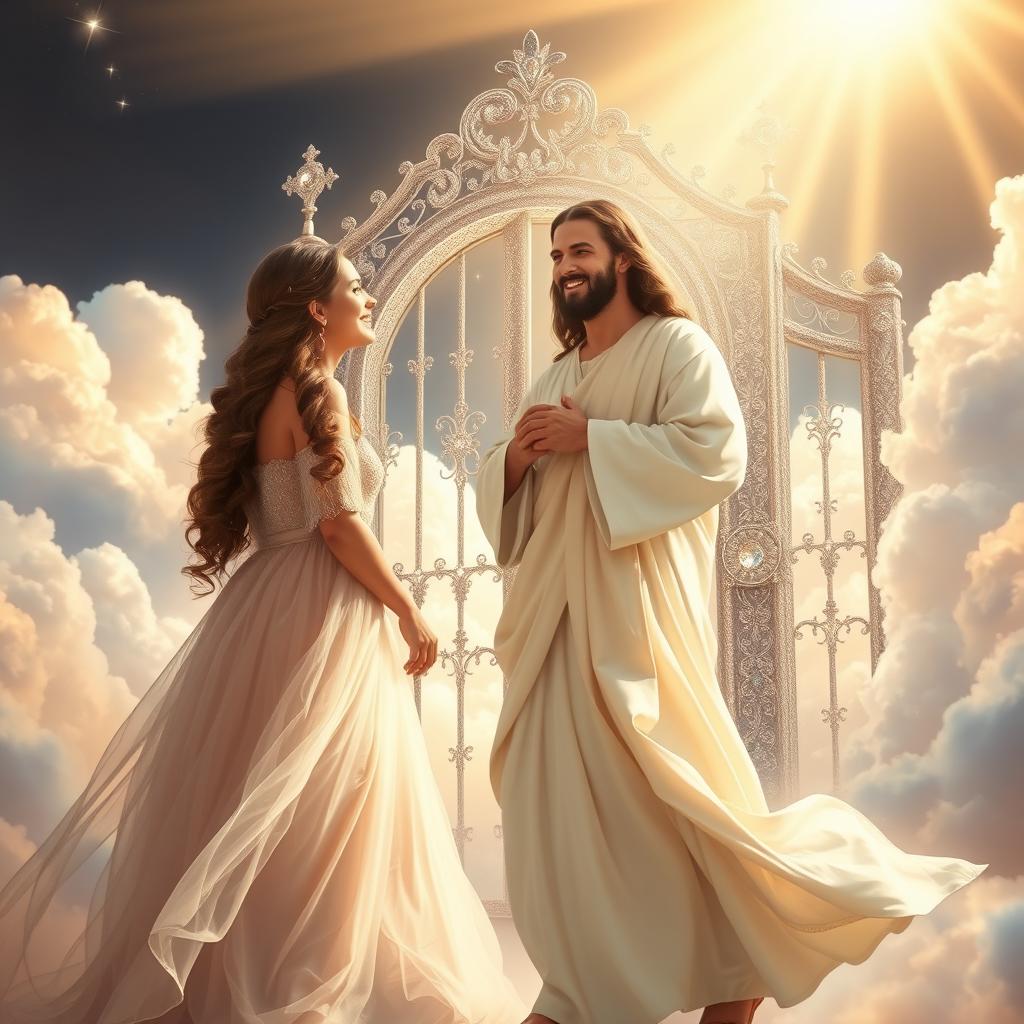 A heartwarming and inspirational image of a woman encountering Jesus at the gates of heaven