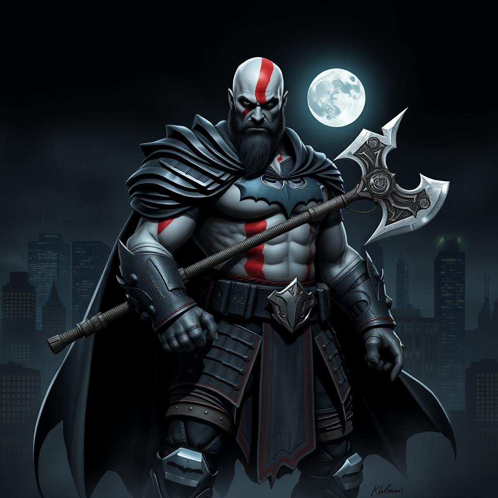 A unique character design that combines elements of Kratos from God of War and Batman from DC Comics