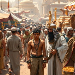 A vibrant Egyptian market scene brimming with activity, featuring merchants selling goods, camels walking through the bustling crowd, and people dressed in traditional linen robes