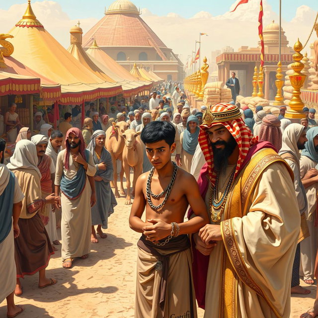 A vibrant Egyptian market scene brimming with activity, featuring merchants selling goods, camels walking through the bustling crowd, and people dressed in traditional linen robes