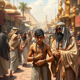 A vibrant Egyptian market scene brimming with activity, featuring merchants selling goods, camels walking through the bustling crowd, and people dressed in traditional linen robes