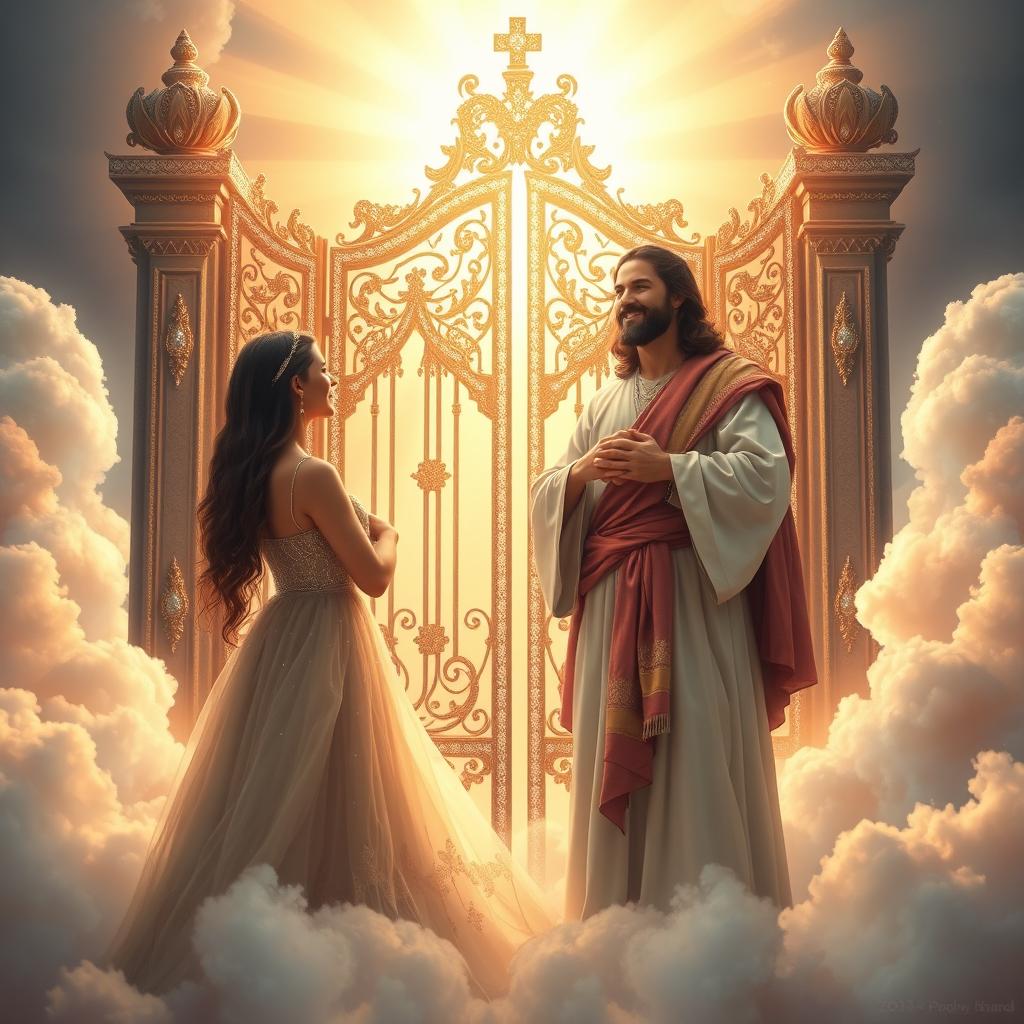 A poignant and uplifting scene depicting a woman meeting Jesus at the gates of heaven