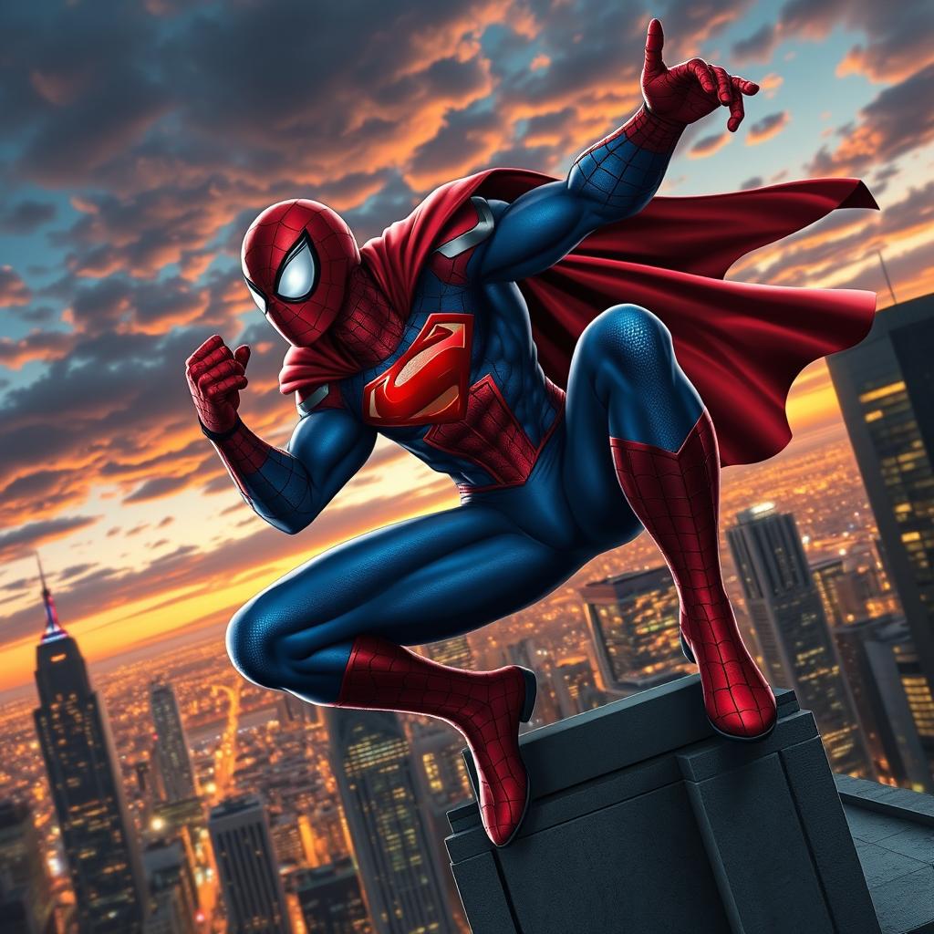 A fantastically detailed superhero scene featuring a powerful hybrid character that combines elements of Spider-Man and Superman