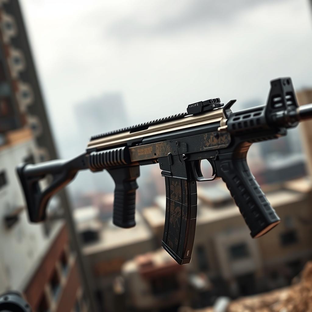 An AK117 assault rifle, fully automatic, showcased with intricate detailing