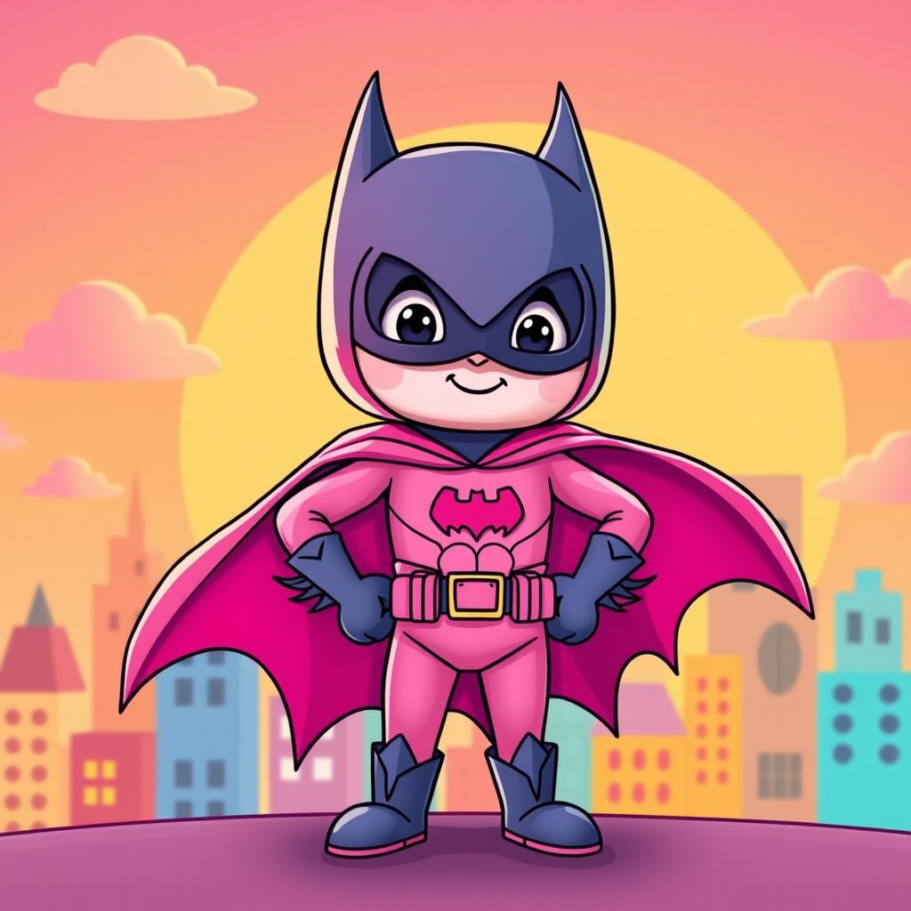 A whimsically styled pink Batman character, resembling a playful superhero with a vibrant pink costume, complete with a flowing cape, bat emblem, and a cute mask