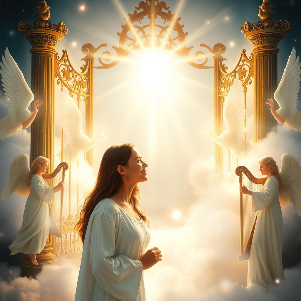A woman meets Jesus at the gates of paradise, surrounded by heavenly lights and angels in the background