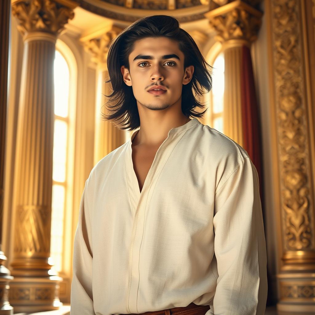 A young man named Yusuf, in his early twenties, stands gracefully in the royal palace of Al-Aziz