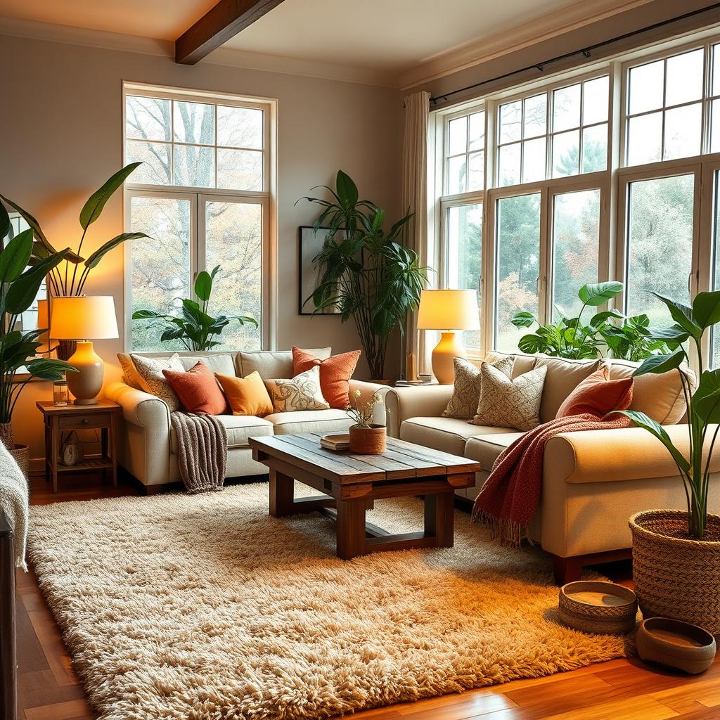 A cozy living room featuring a soft, plush floor rug in a warm beige color, inviting ambiance, with a comfortable sofa adorned with colorful throw pillows, a rustic wooden coffee table, and warm lighting from stylish lamps