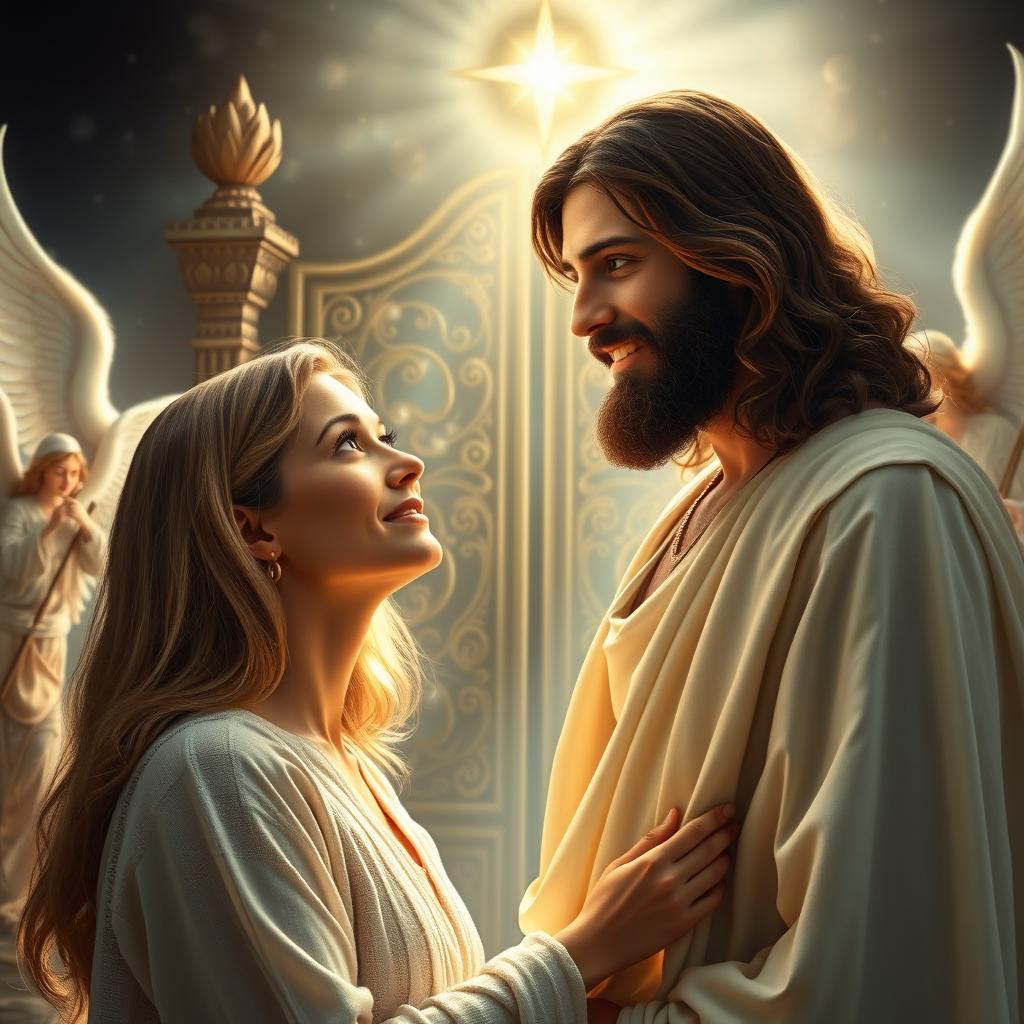 A woman meets Jesus at the gates of paradise, where otherworldly lights illuminate the scene and angels are gracefully positioned in the background