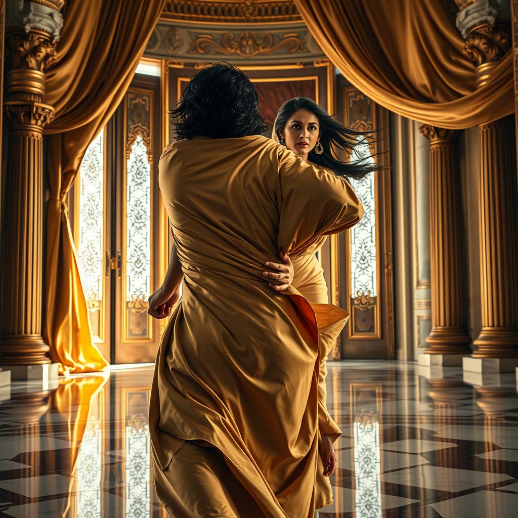Inside a grand palace chamber, a stunning woman named Zulaikha is portrayed in luxurious Egyptian silk as she reaches out to grab Yusuf's tunic from behind