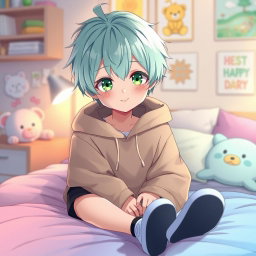 A delightful anime style illustration of a young boy featuring mint pastel colored hair and striking green eyes
