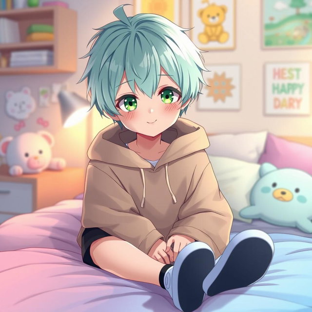 A delightful anime style illustration of a young boy featuring mint pastel colored hair and striking green eyes