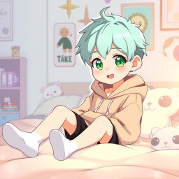 A delightful anime style illustration of a young boy featuring mint pastel colored hair and striking green eyes