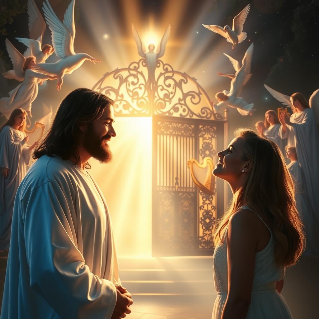 A woman stands before the gates of paradise, encountering Jesus, who radiates warmth and kindness