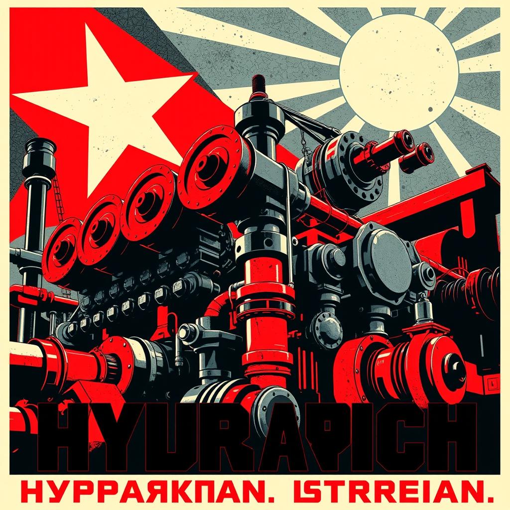 A powerful hydraulic system depicted in a strong and bold stylized manner inspired by Soviet propaganda posters