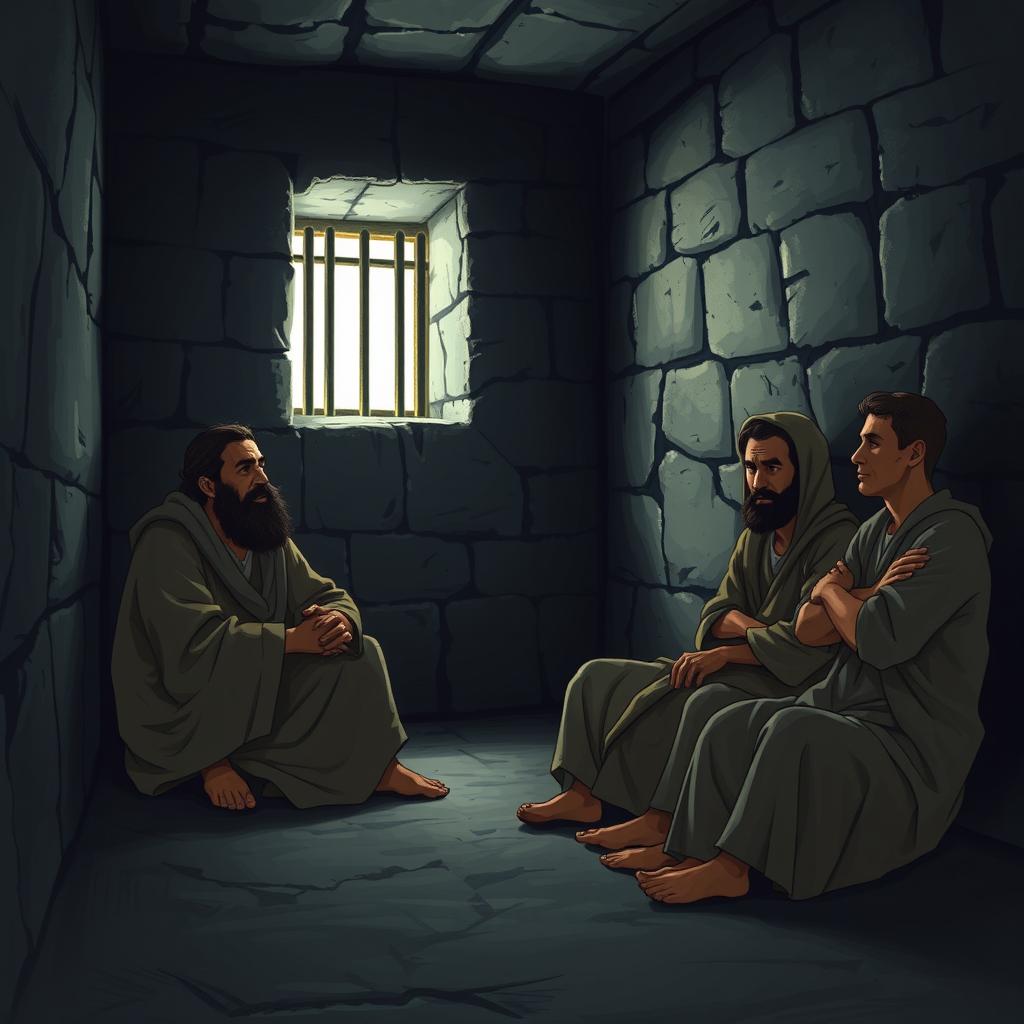 In a dimly lit prison with thick stone walls, a small barred window casts faint light into the somber space