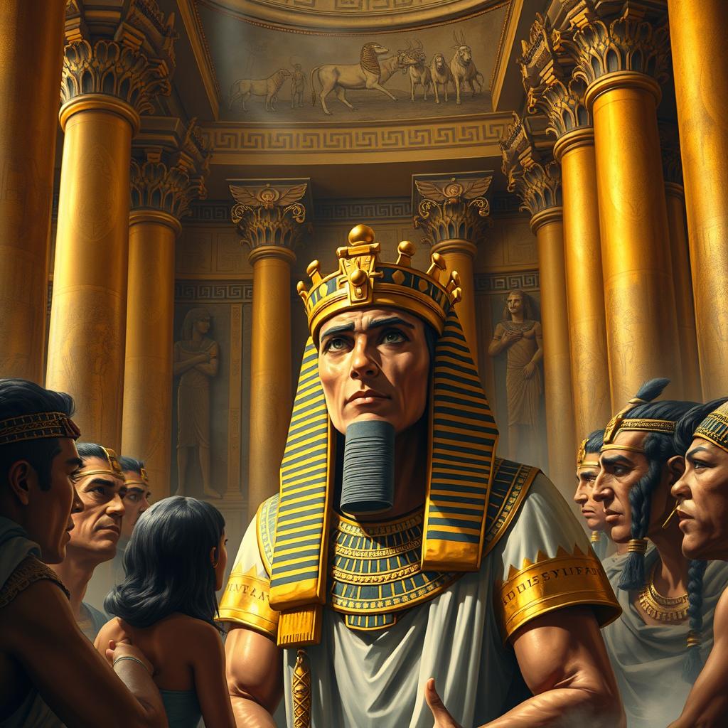 Inside an Egyptian palace throne room, grand and majestic, gold-plated columns rise high, adorned with stunning murals depicting pharaohs in various heroic poses