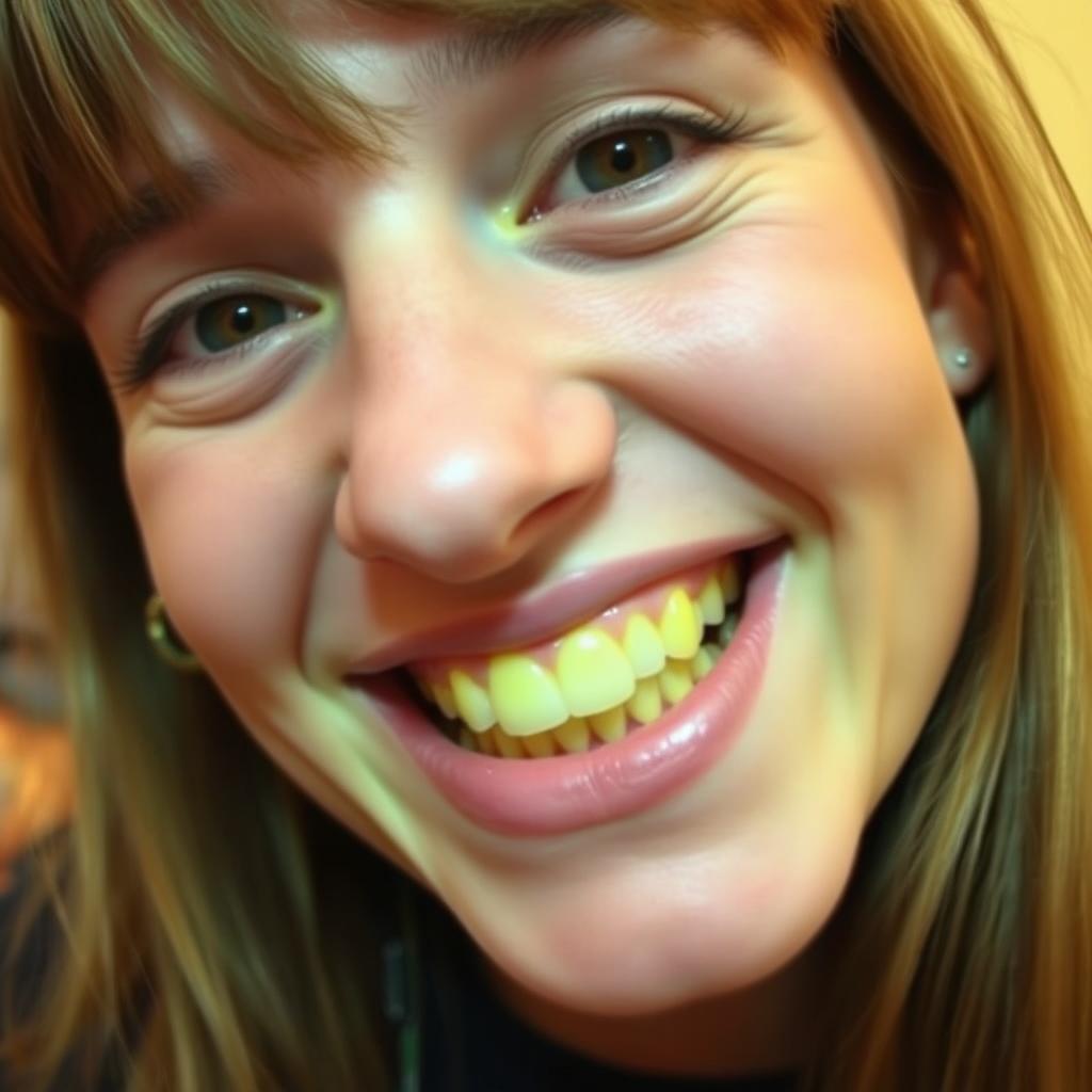 A close-up portrait of a person with visibly yellow, unclean teeth, showcasing a candid expression