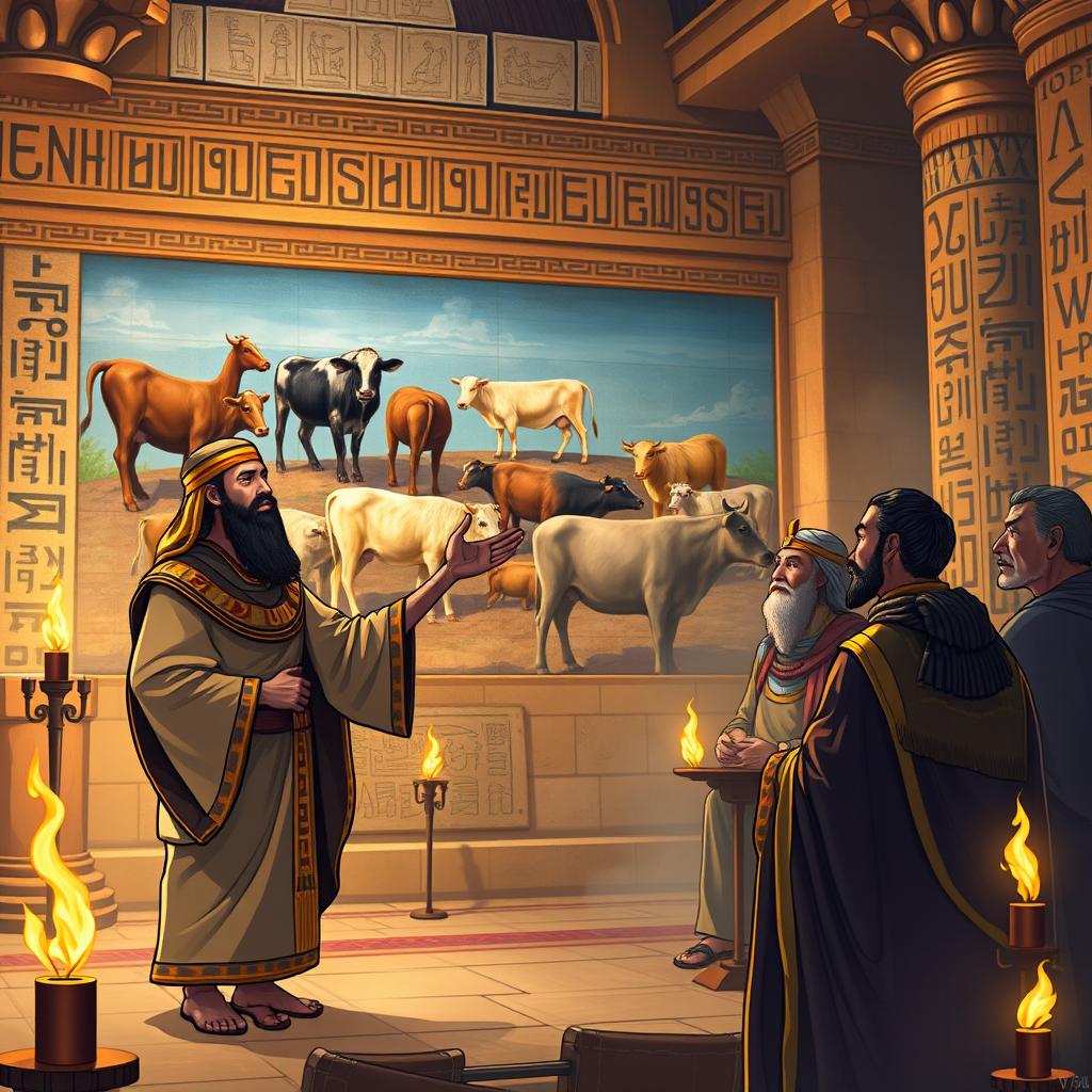 Yusuf, now portrayed as a noble and wise figure, stands confidently before the Pharaoh in fine Egyptian robes, exuding an air of authority